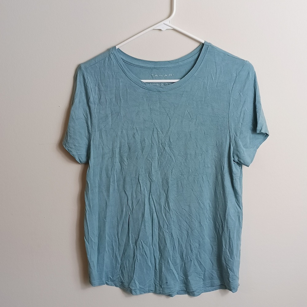 Tahari T-Shirt Womens M Blue Excellent Short Sleeve Crew Neck Jersey Knit Tee